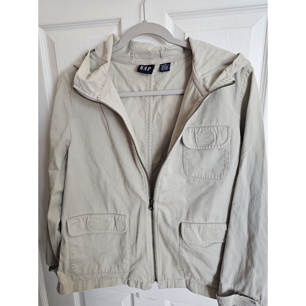 VTG Gap Women M Beige Hooded Utility Jacket Cotton Crop Gorpcore Y2K Distressed